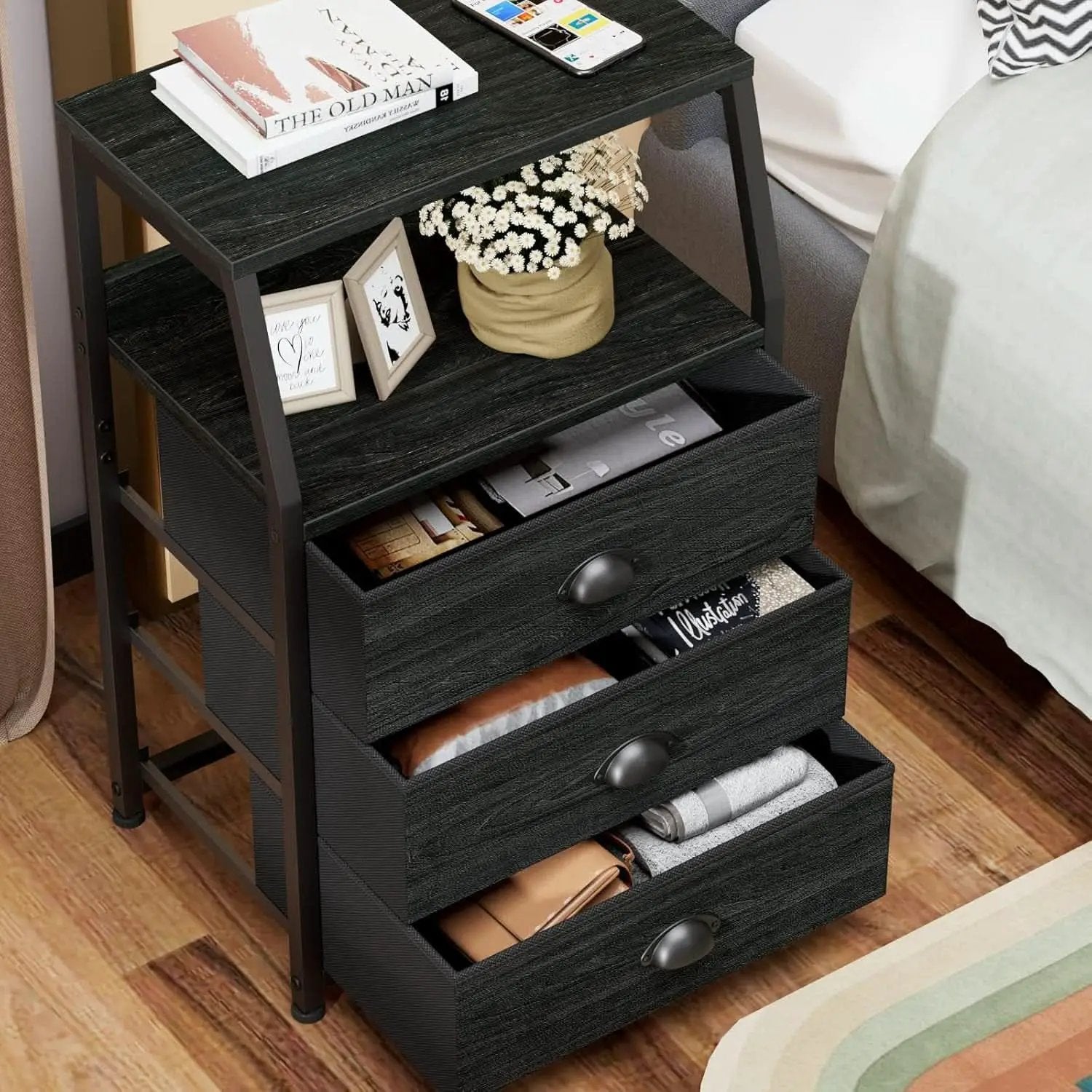 Black Night Stand With 3 Fabric Drawers And 2 Tier Shelf from PriceLows™