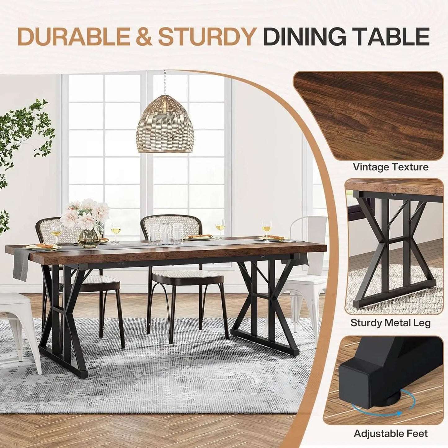 Farmhouse 70.8 Inch Wood Dining Table With Metal Legs from PriceLows™