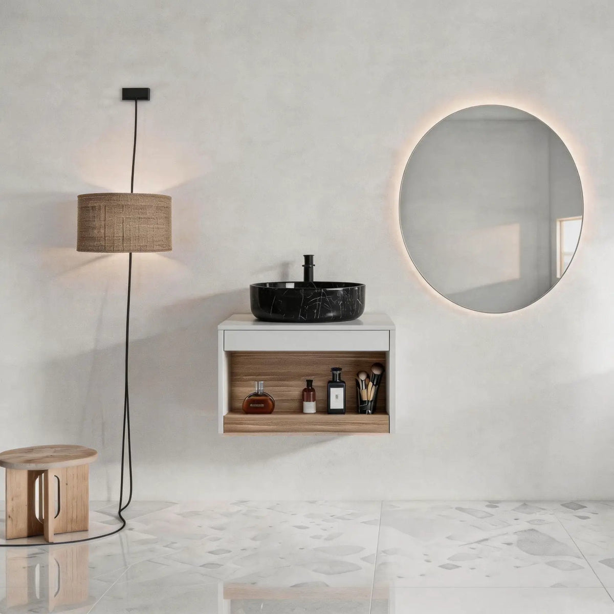 Wall Mounted Bathroom Vanity | Vessel Sink | Open Shelf Storage