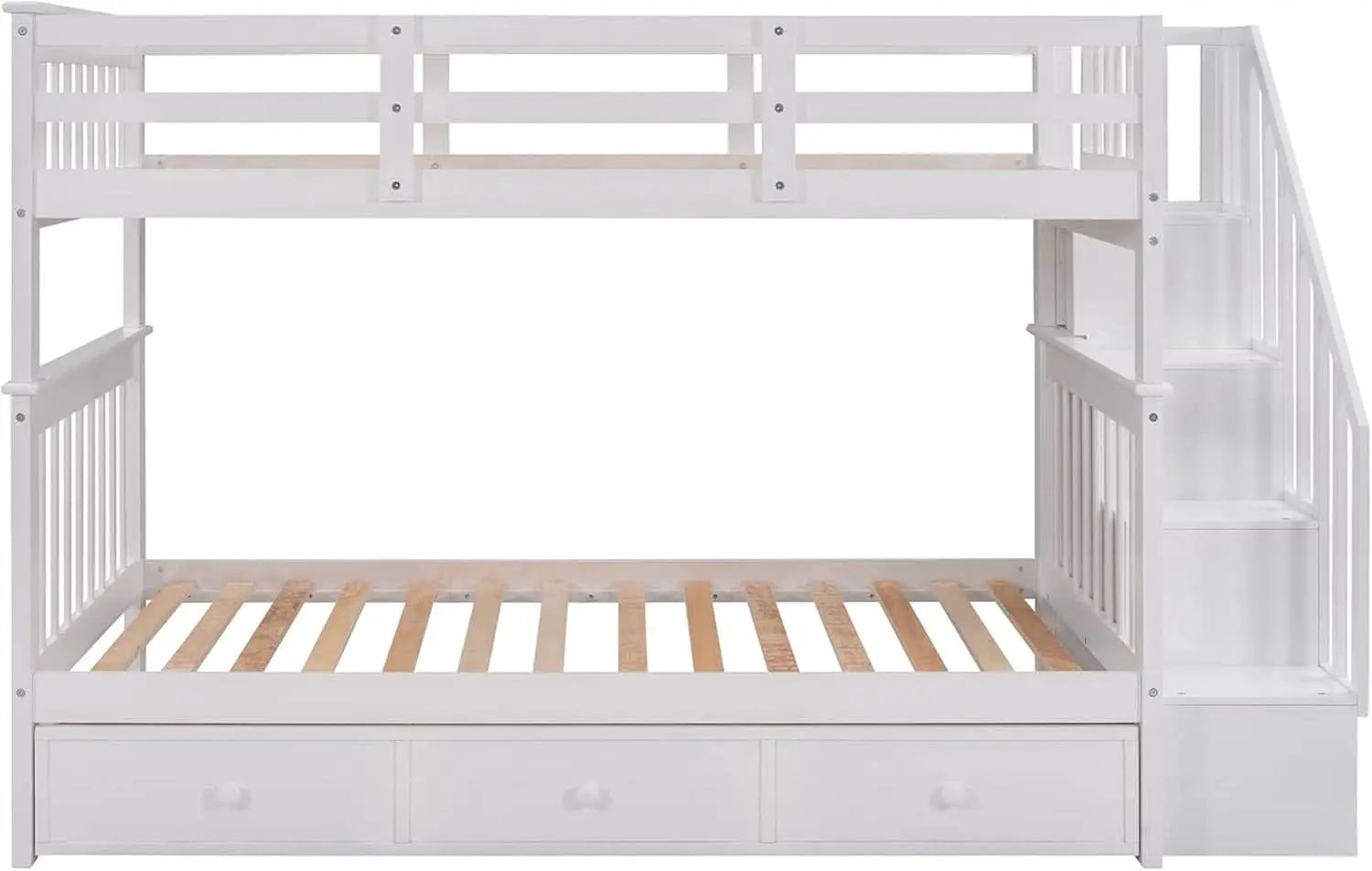 Twin Over Twin Bunk Bed With Stairs Guard Rail And Storage Drawers White from PriceLows™