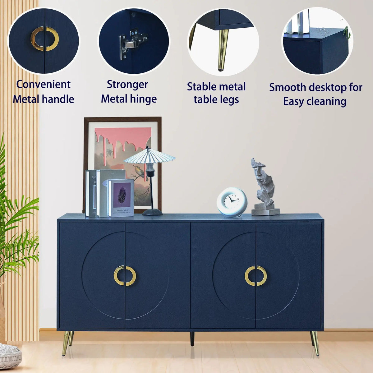 Lacquered 4 Door Sideboard Buffet | Matte Navy Finish | Solid Wood Veneer | Metal Legs