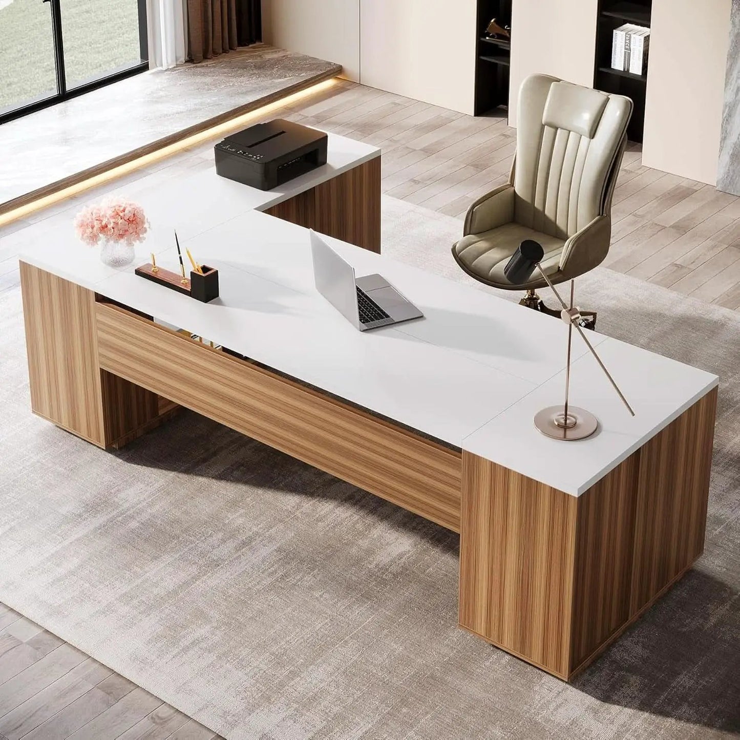 85 Point 8 Inch L-Shaped Executive Desk White Walnut Storage Cabinet from PriceLows™