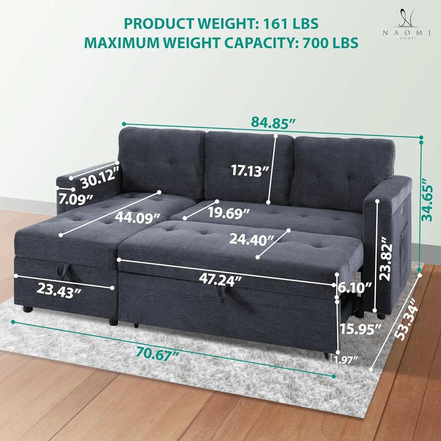 Gray Microfiber L Shape Sleeper Sofa With USB Ports Storage from PriceLows™