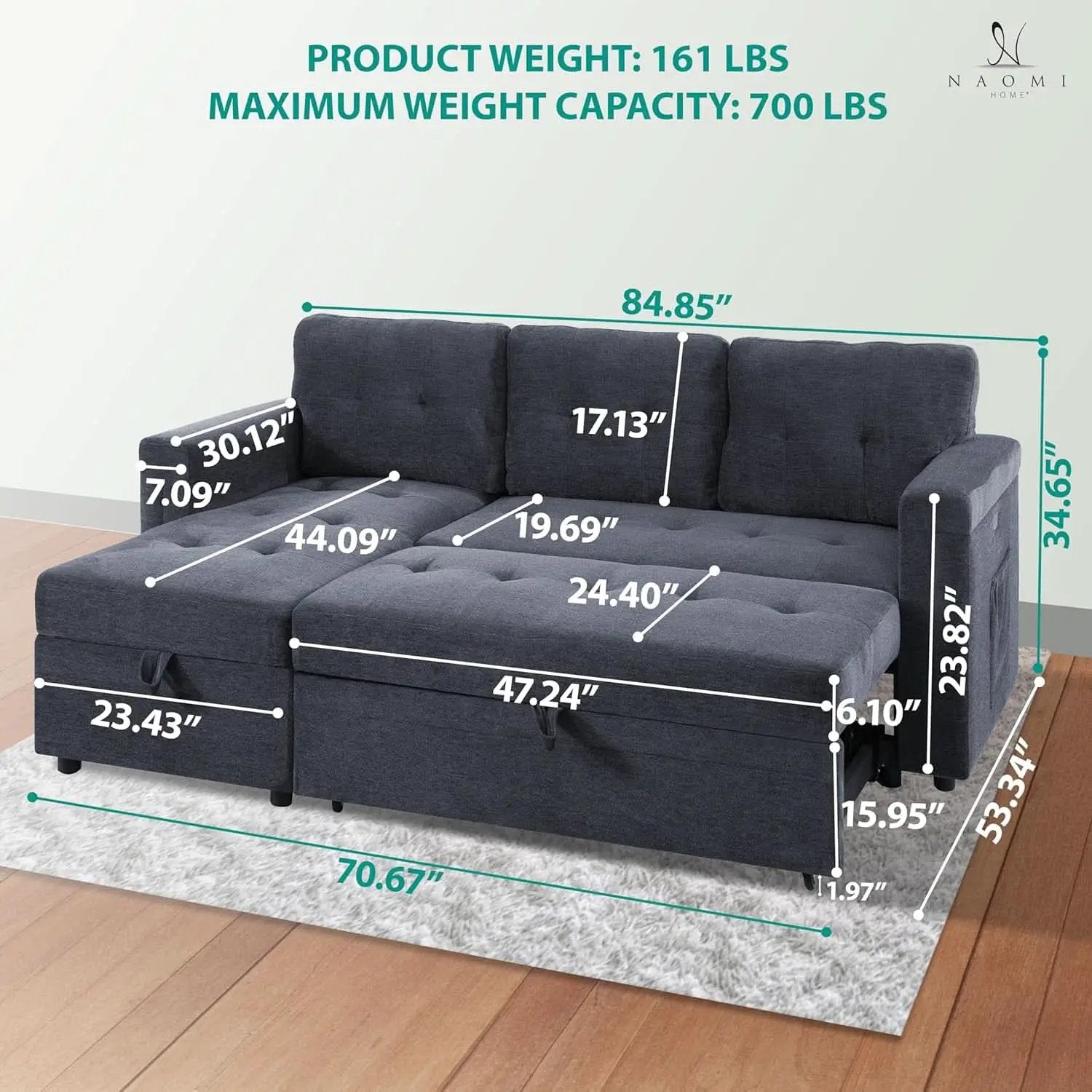 Gray Microfiber L Shape Sleeper Sofa With USB Ports Storage from PriceLows™