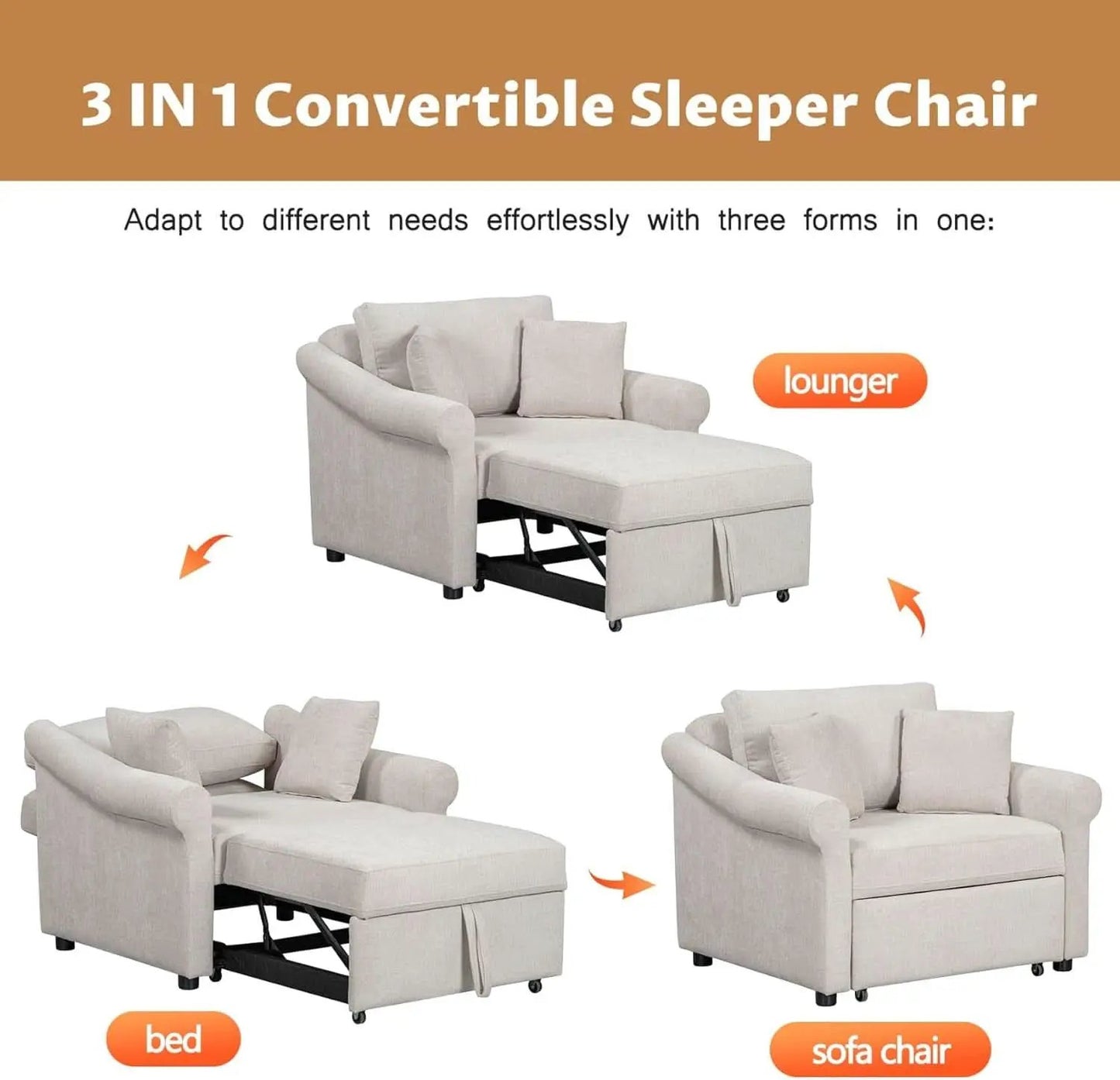 Chenille Convertible Sleeper Chair With Backrest Beige from PriceLows™