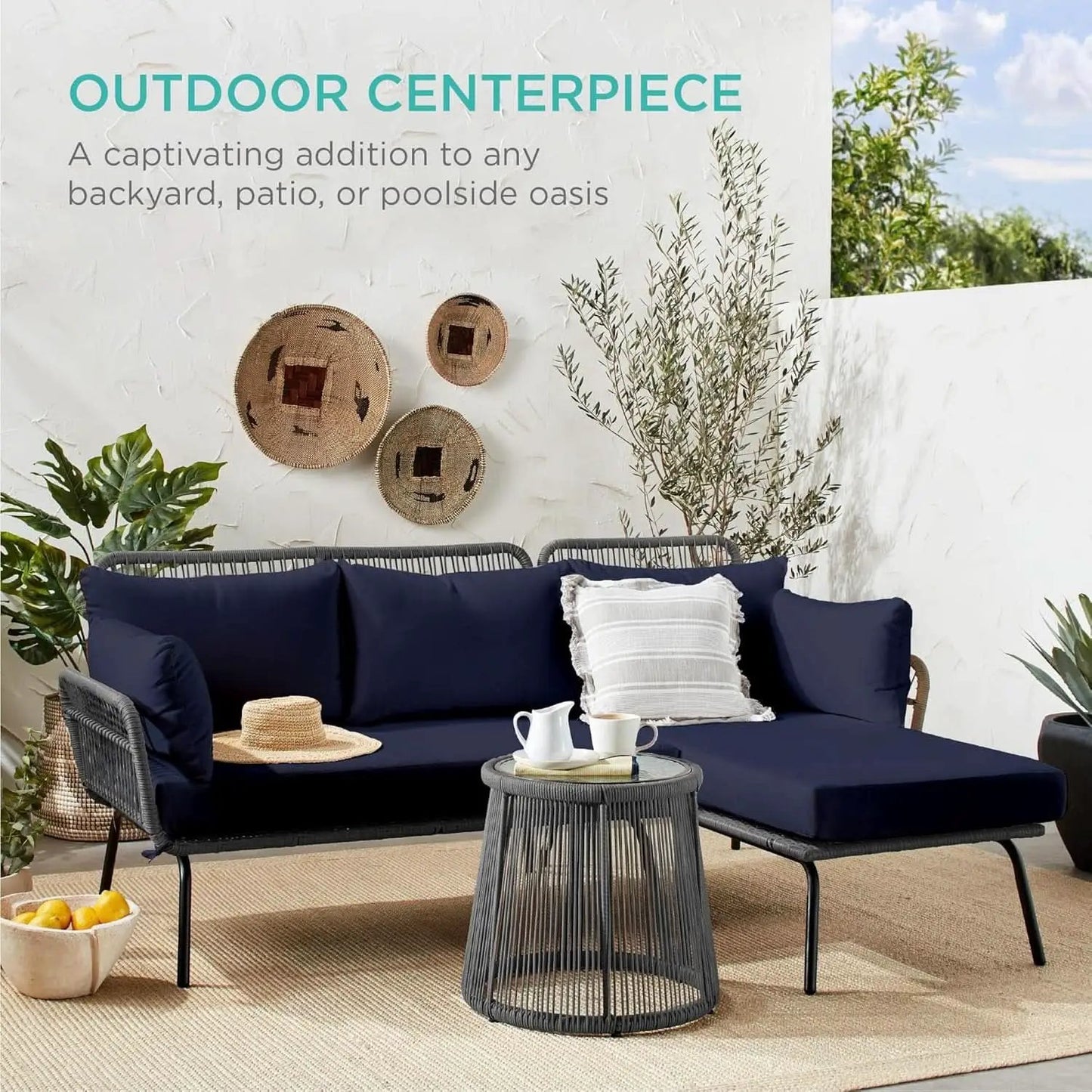 Outdoor Rope Woven Sectional Sofa Gray Navy Cushions from PriceLows™