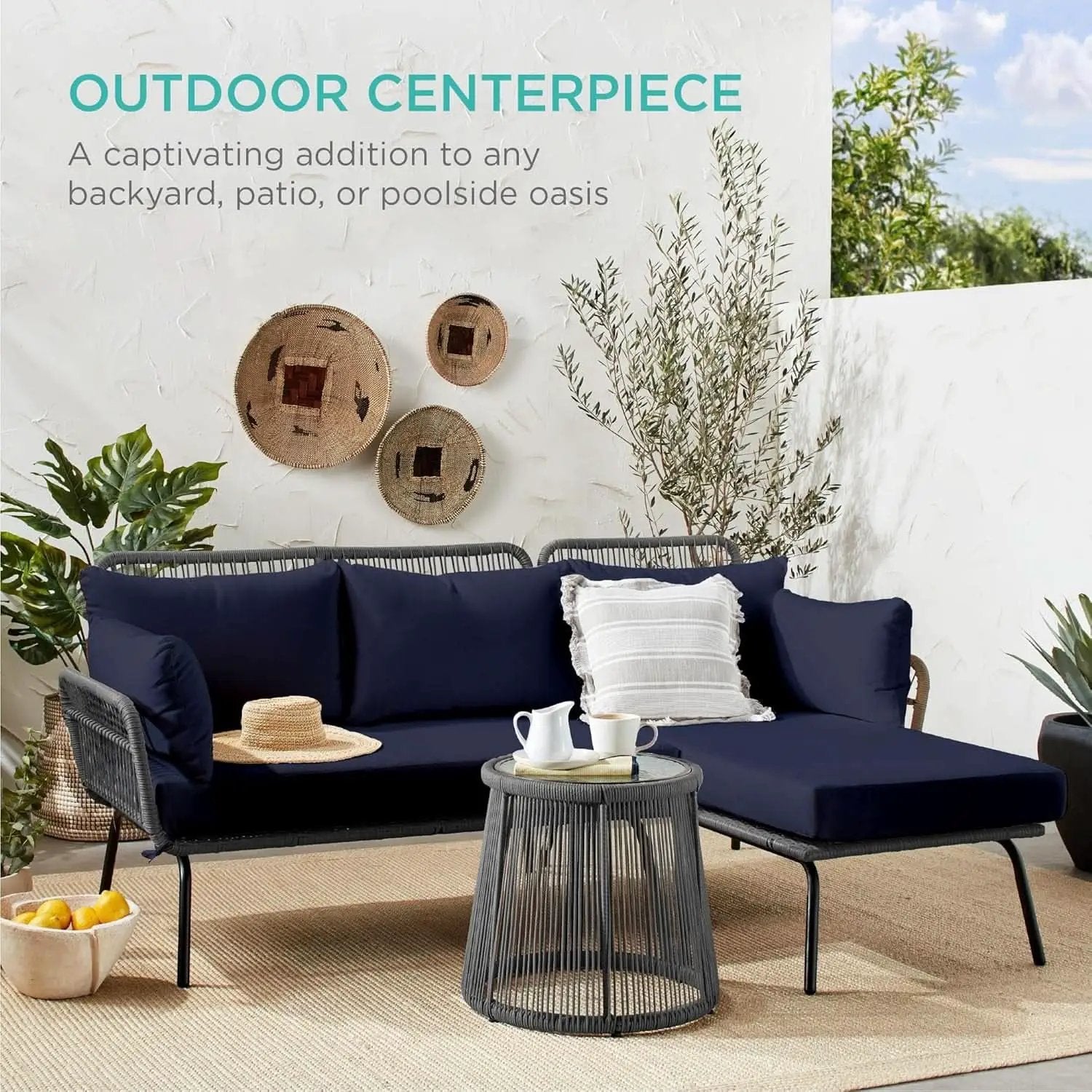 Outdoor Rope Woven Sectional Sofa Gray Navy Cushions from PriceLows™