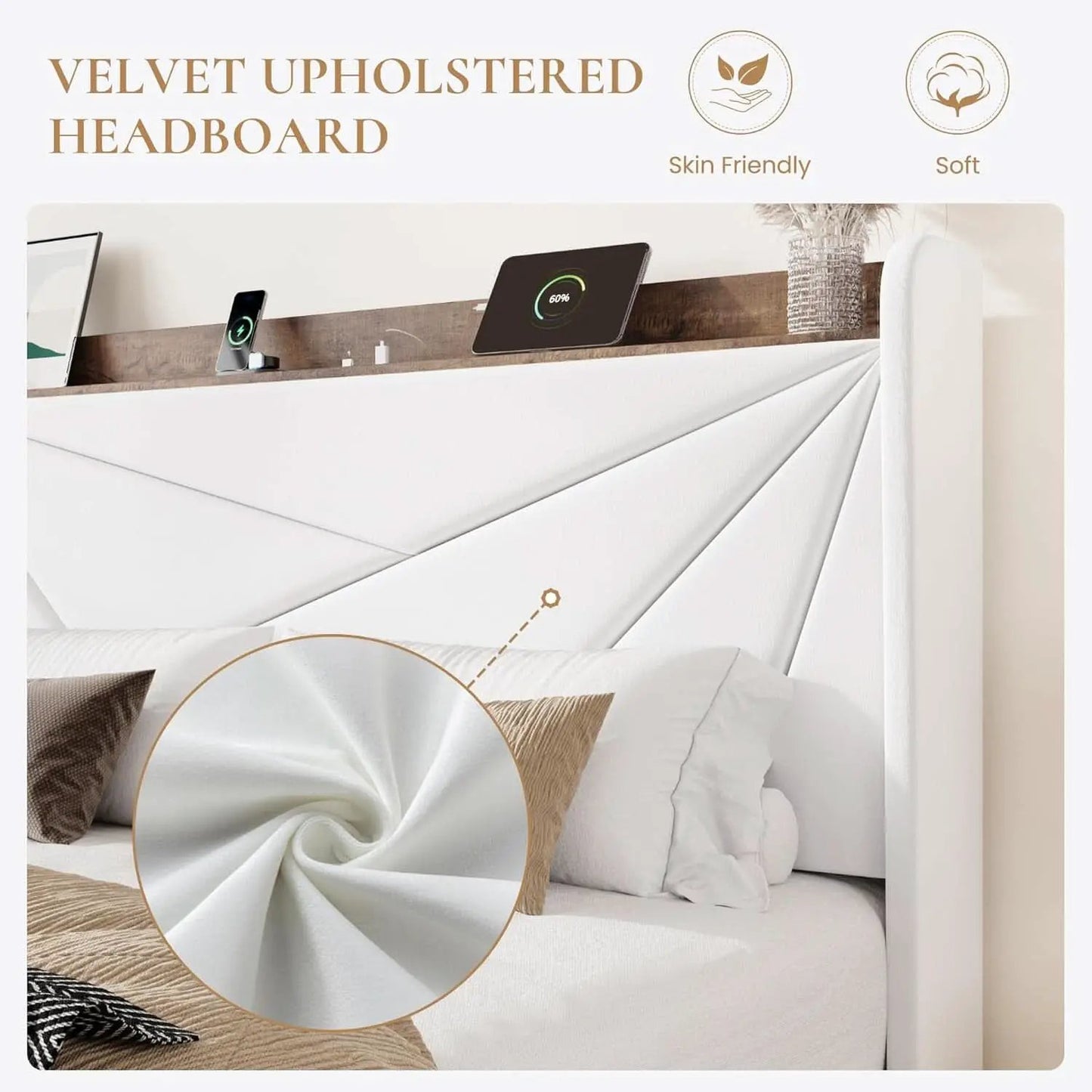 White Velvet Upholstered Bed Frame With USB Type C Ports from PriceLows™