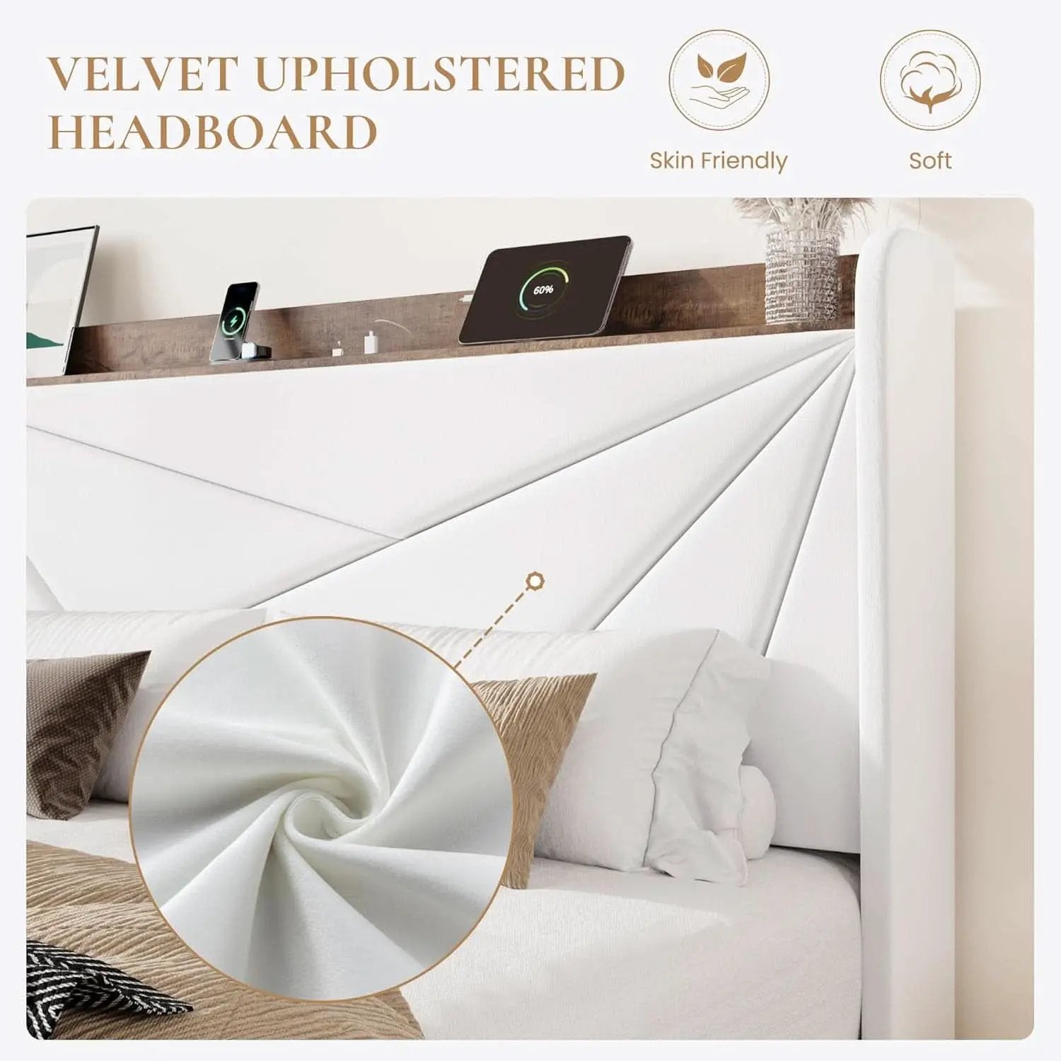 White Velvet Upholstered Bed Frame With USB Type C Ports from PriceLows™