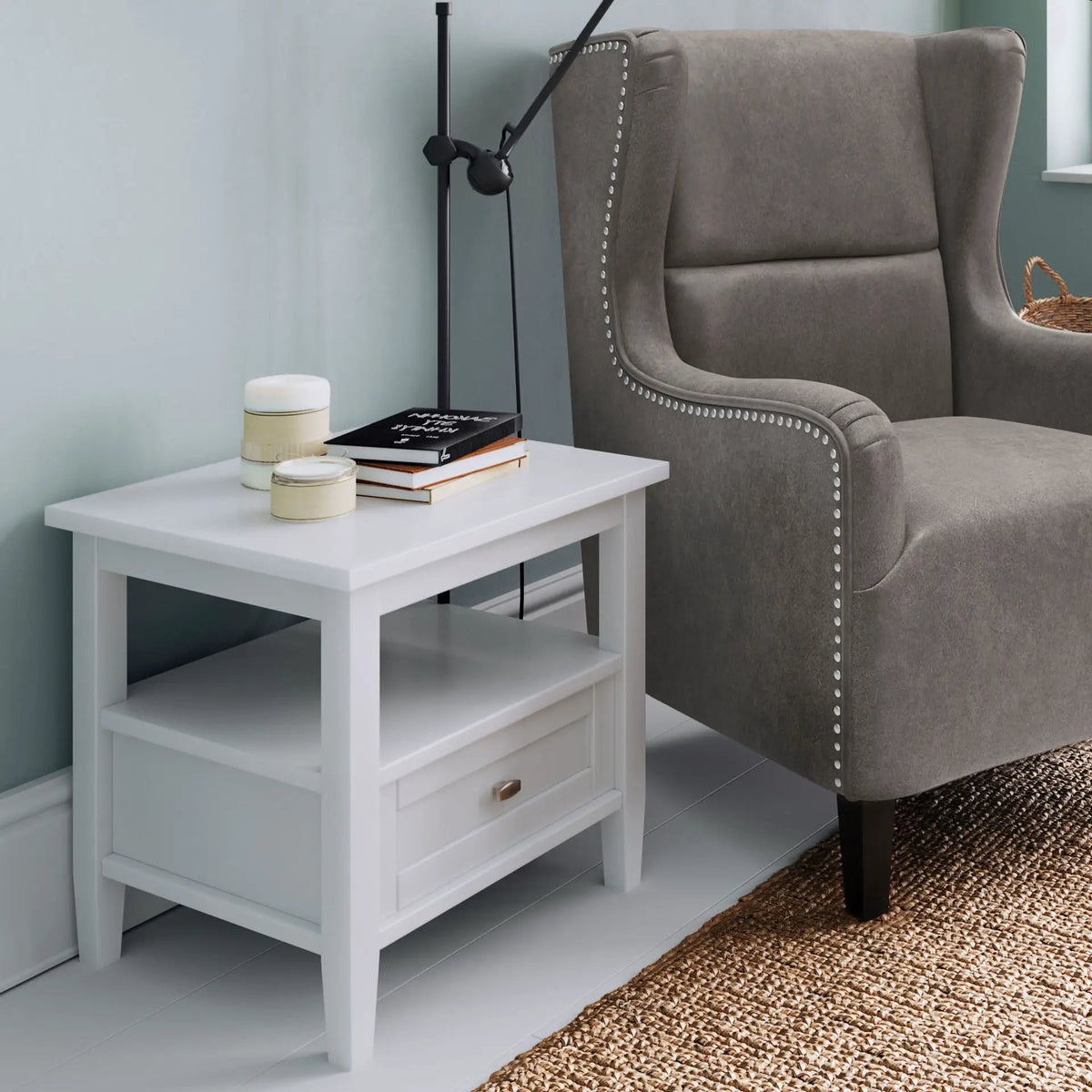 Warm Shaker Solid Wood Table | Bottom Drawer | Open Shelf Storage