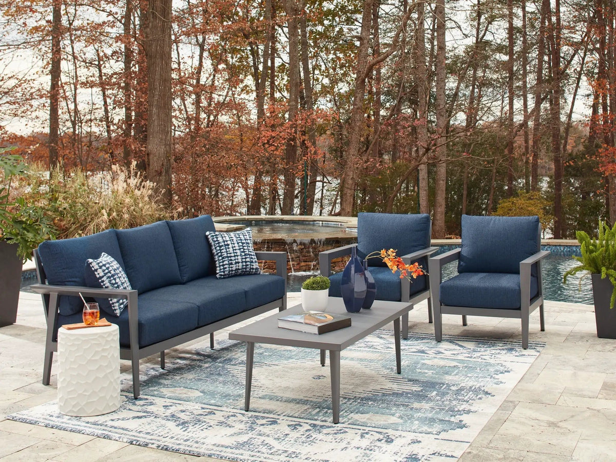 Gali Sofa / Chairs / Table Set (Set of 4) | 78.25 x 33.25 x 36.25 in | Polyester & Fabric | Gray / Blue