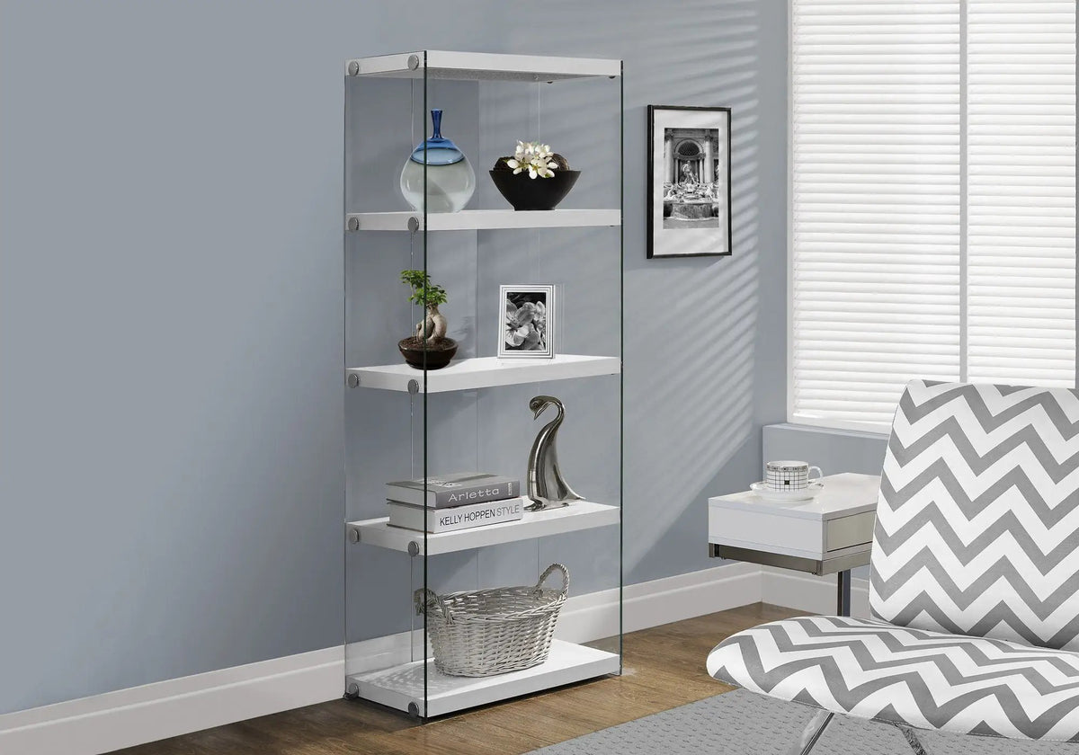 5 Tier Etagere Bookshelf | Glossy Clear Tempered Glass | Polished Chrome Accents | White
