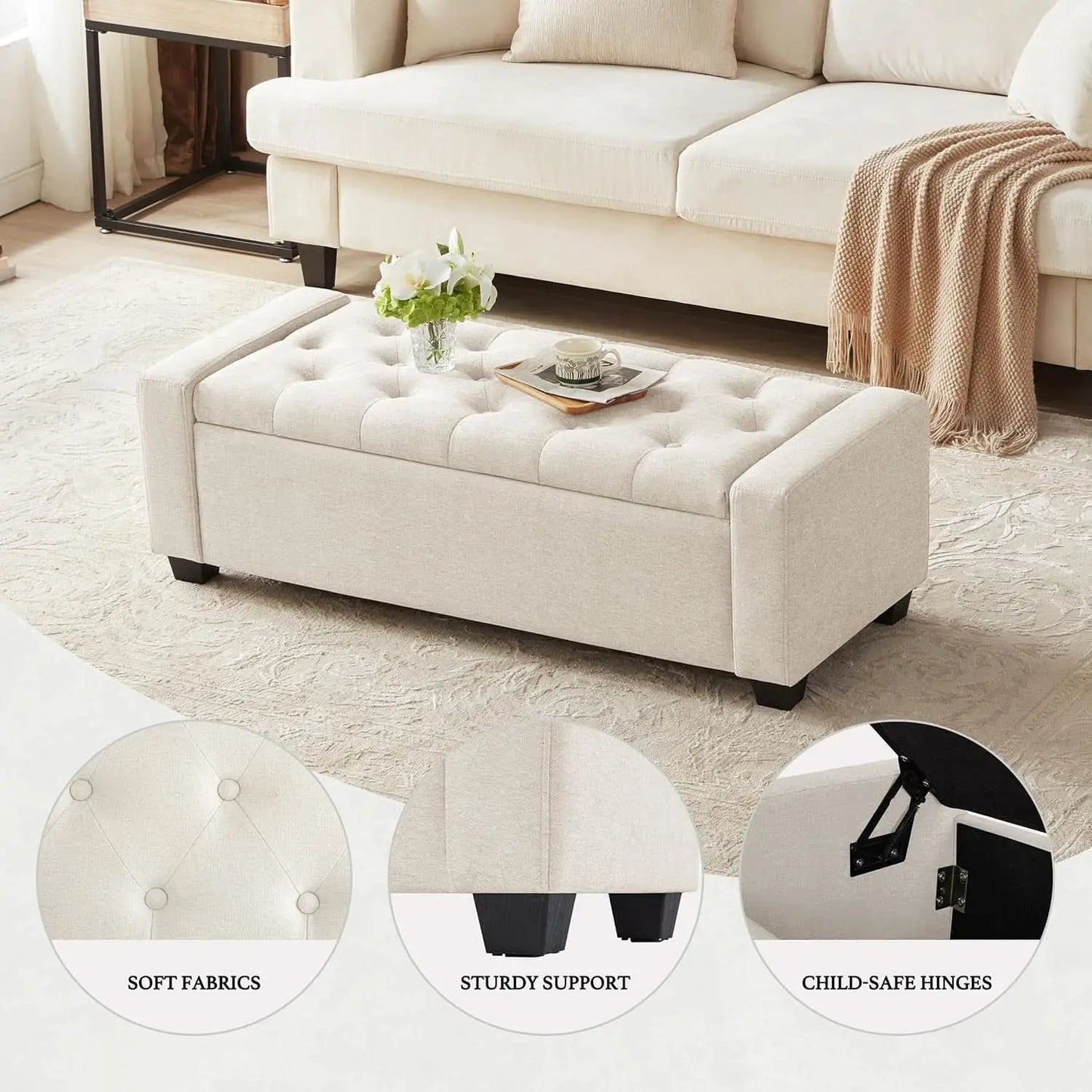 48 Inch Storage Unit Ottoman Bench Upholstered Beige from PriceLows™