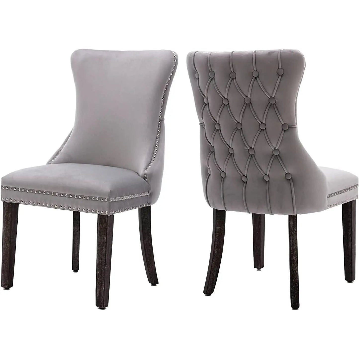 Set Of 2 Light Gray Velvet Tufted Wingback Dining Chairs Nailhead from PriceLows™