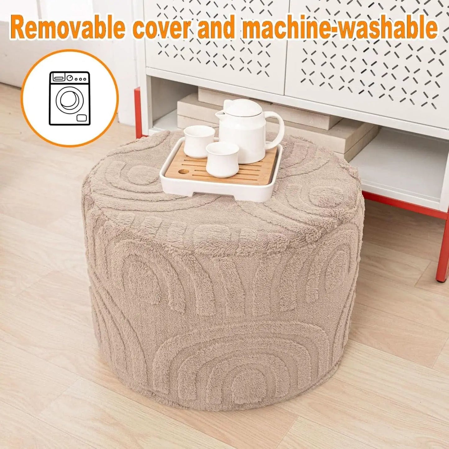 Khaki Round Ottoman Pouf 20x20x14 Inches Luxurious from PriceLows™