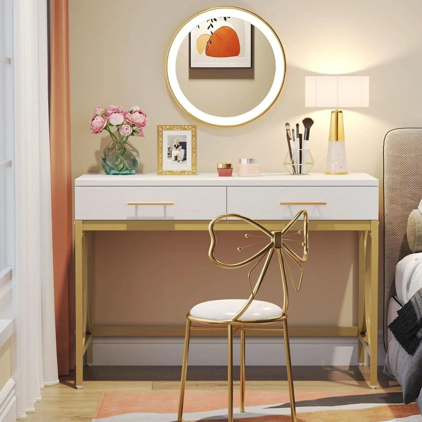 41 Inch White And Gold Computer Desk With 2 Drawers from PriceLows™