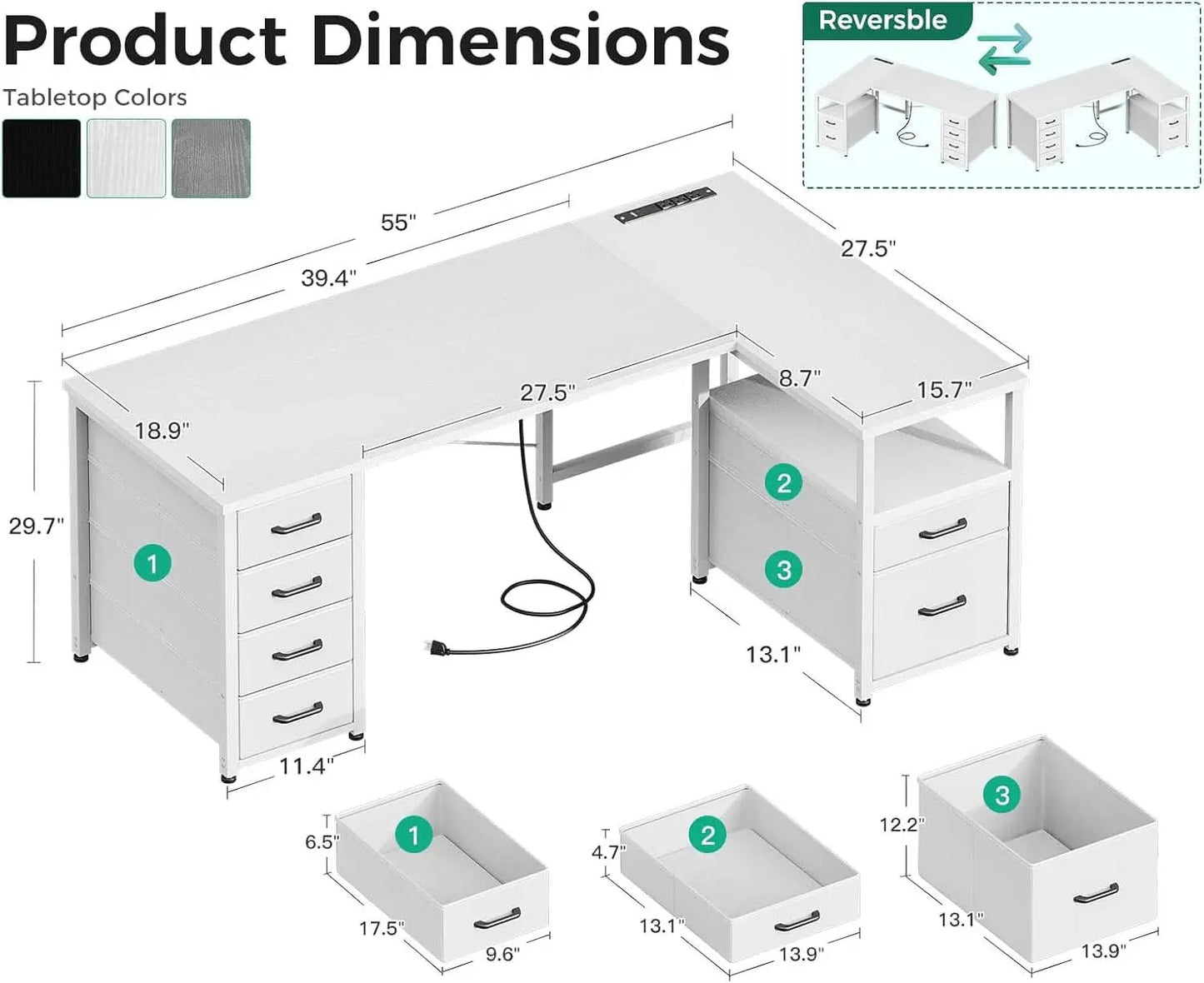 L Shaped Computer Desk 6 Drawers Power Outlet 55In White from PriceLows™