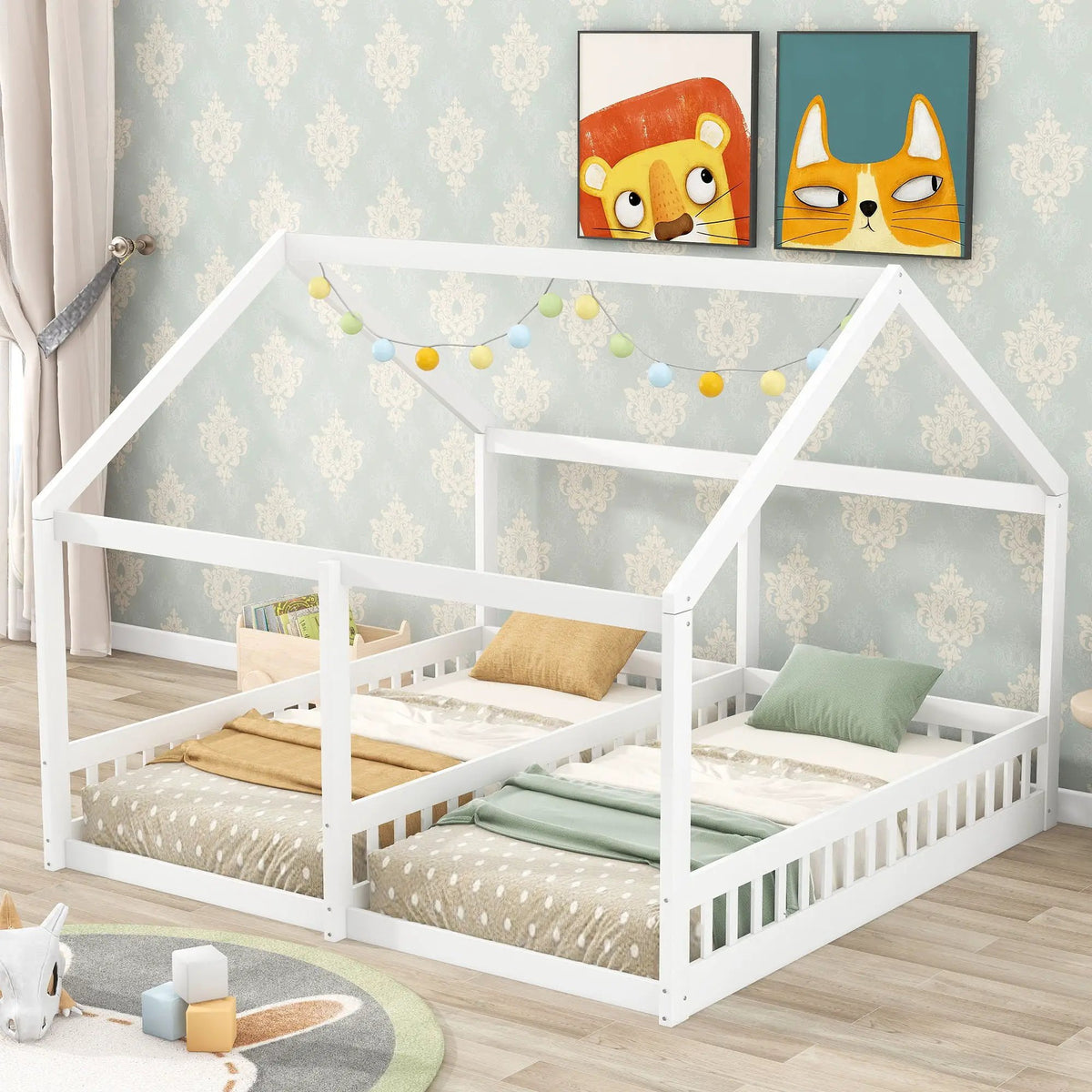 House Platform Bed | Solid Steel Frame | Twin Shared Bunks | Built In Guards