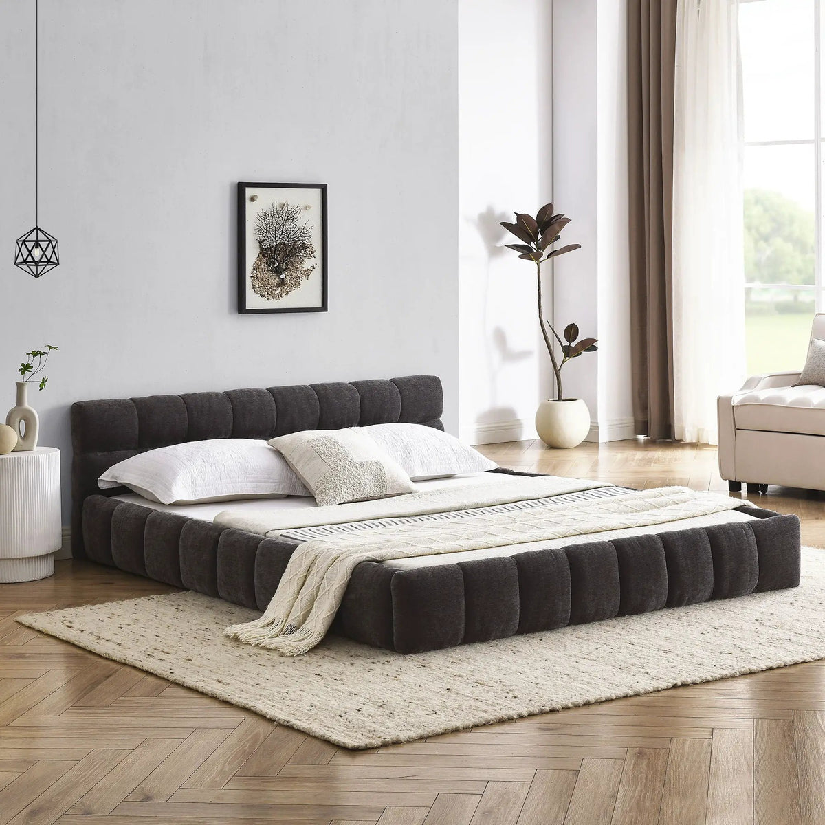 Modern Platform Storage Bed Frame | Thick Fabric Upholstery | Soft Headboard | Solid Construction