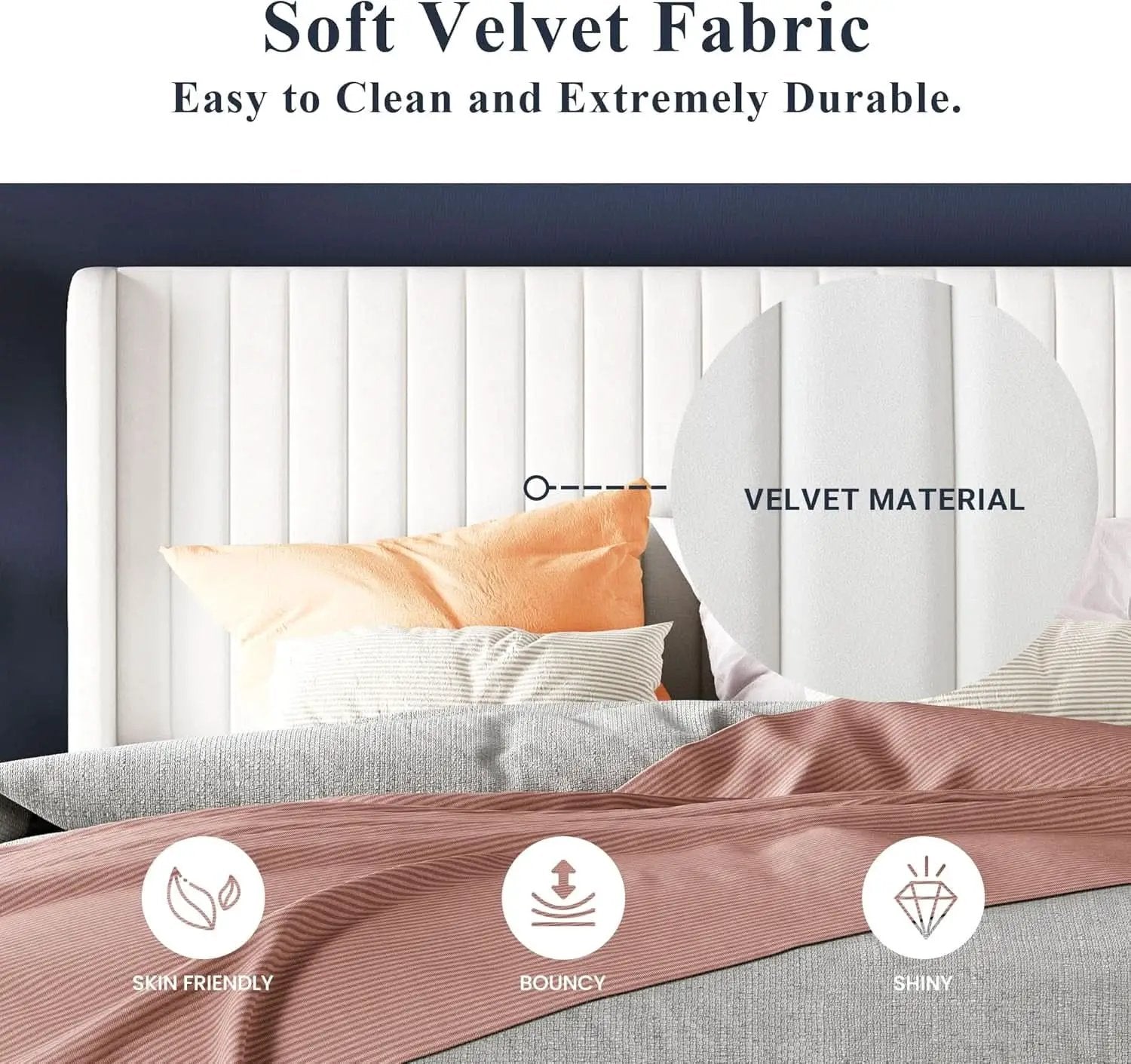White Velvet Full Bed Frame With Wingback Tufted Headboard from PriceLows™