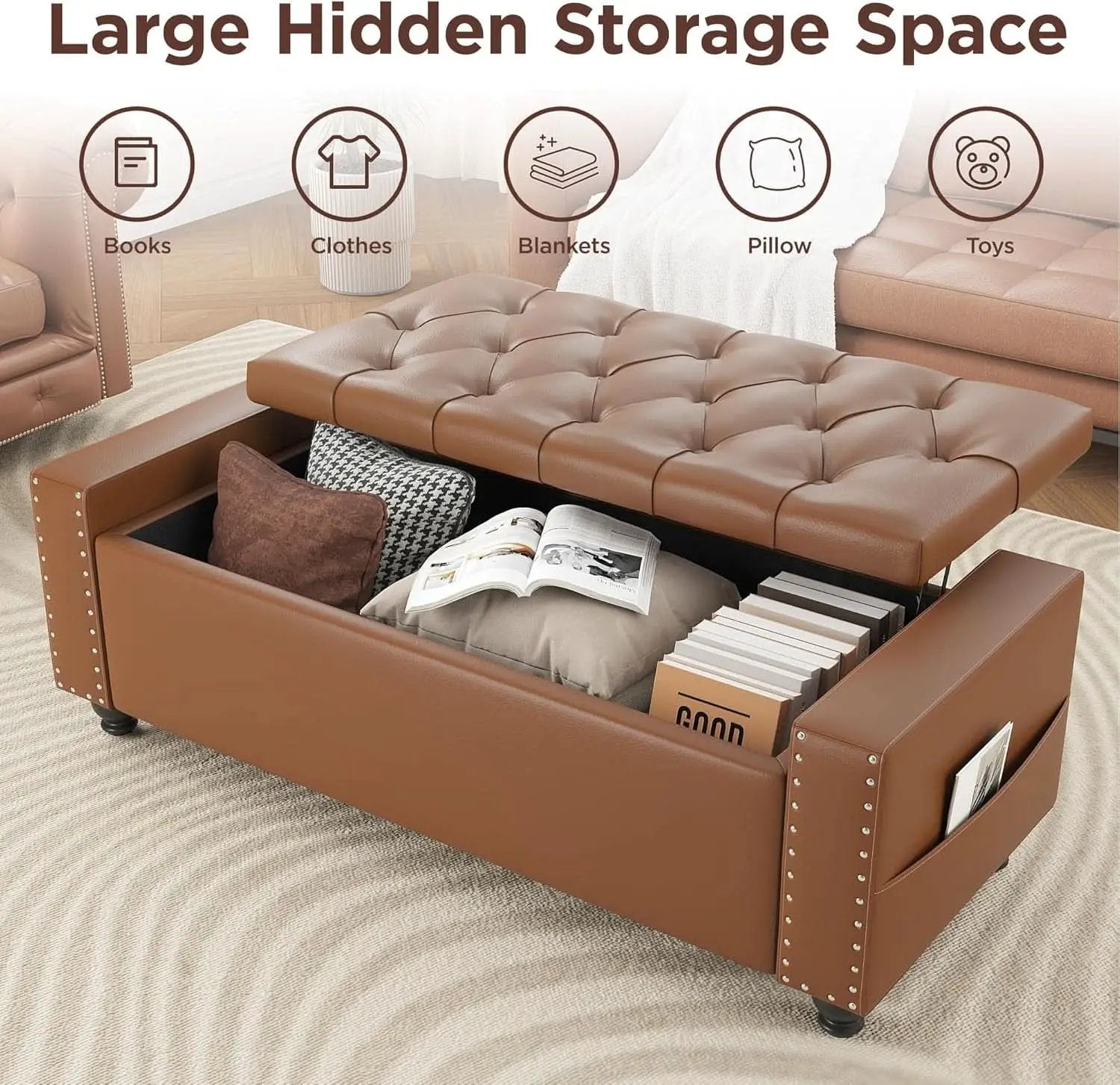 49 Inch Upholstered Storage Ottoman Bench Espresso Brown from PriceLows™