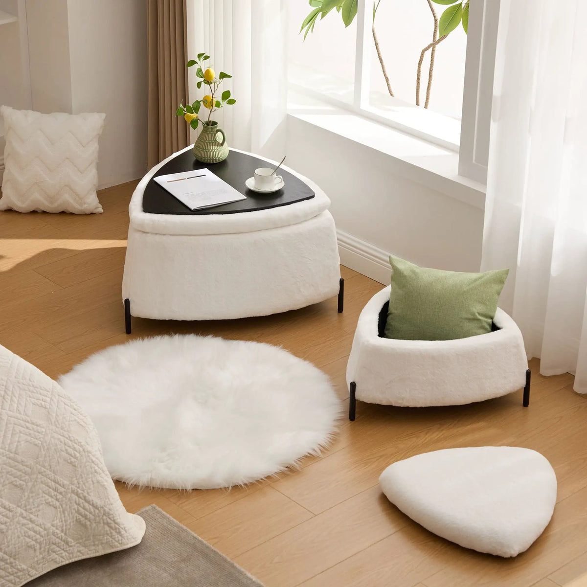 Storage Ottoman Set | Upholstered Faux Fur | Reversible Lid | Solid Wood Frame