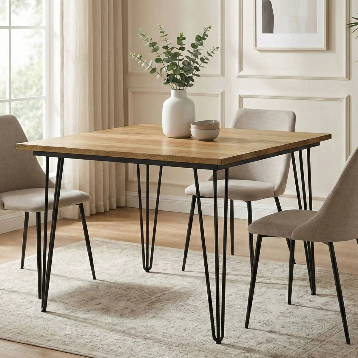 Hunter Dining Table | 66 Inch Width | Solid Mango Wood Top | Hairpin-Style Iron Base