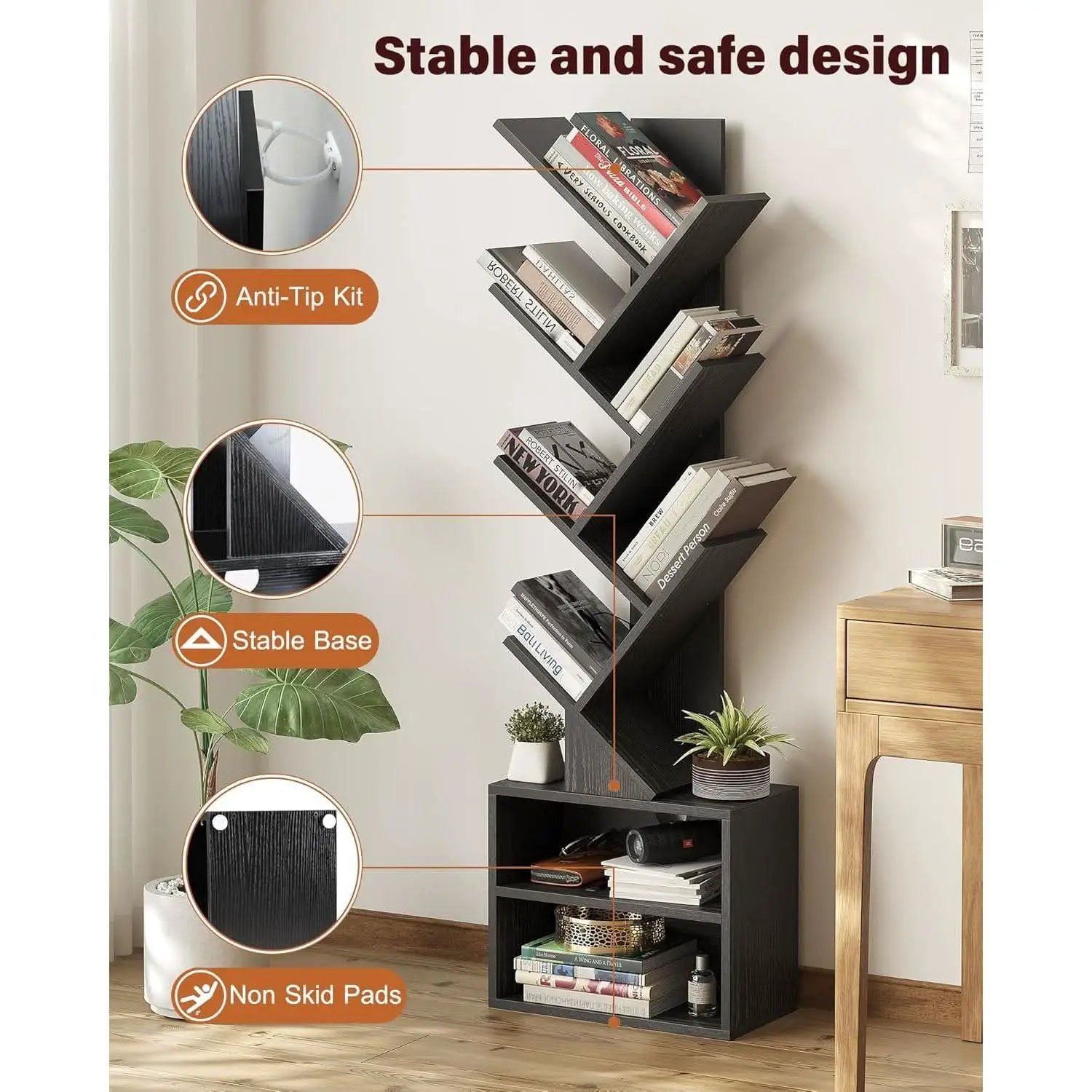 6 Tier Tree Bookshelf Black Floor Standing Storage Cabinet from PriceLows™