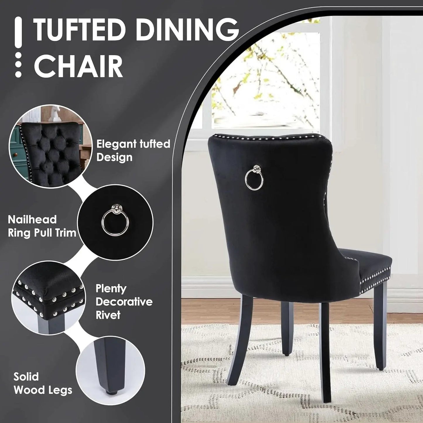 BlackGlassDiningSetForFourTuftedChairsWithNonSlipFeet from PriceLows™