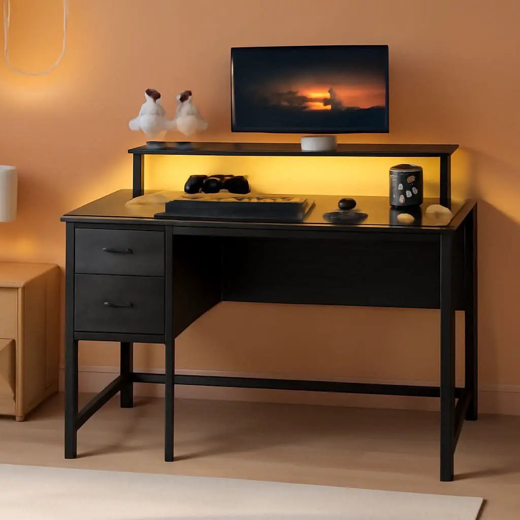 47 Inch Computer Desk With 4 Drawers And LED Lights Black from PriceLows™