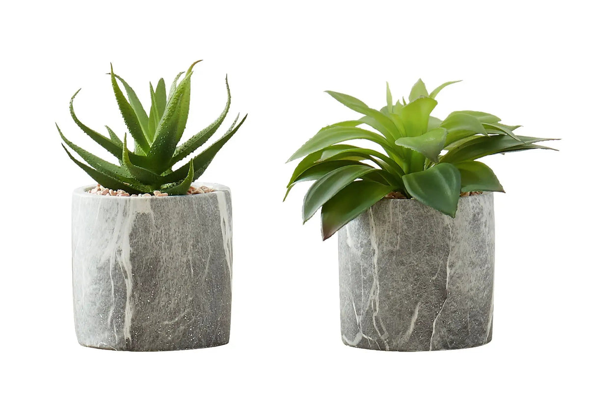 6 Inch Artificial Succulents | Set Of 2 | Grey Marble Pot | Indoor Faux Table Greenery
