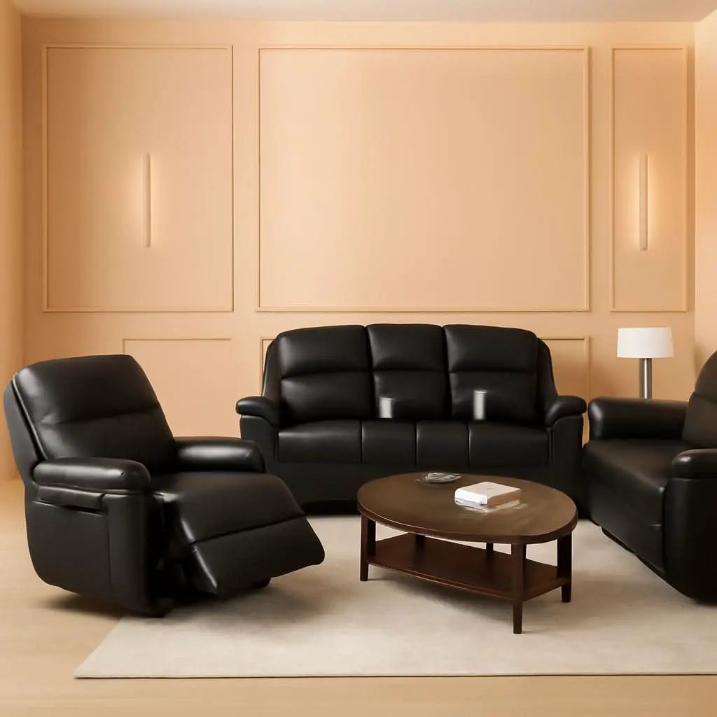 Manual Recliner Sofa Set Black Bonded Leather Cup Holders from PriceLows™
