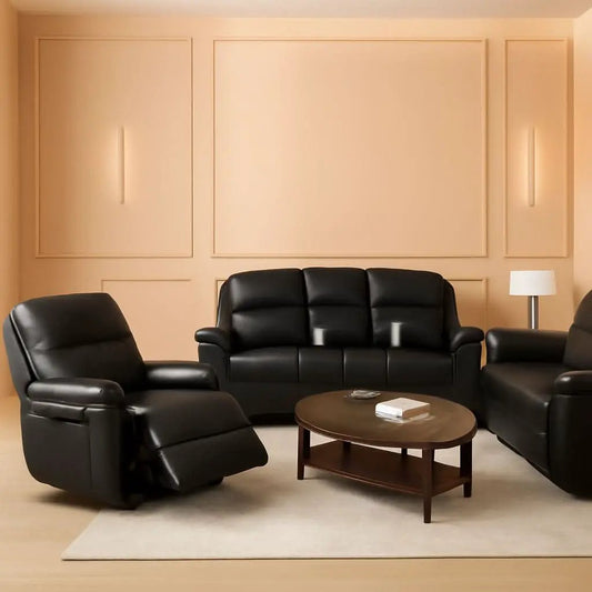 Manual Recliner Sofa Set Black Bonded Leather Cup Holders from PriceLows™