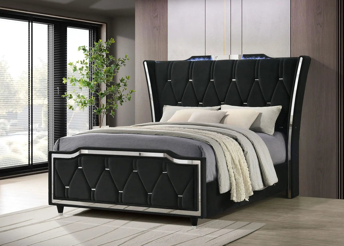 Lorient Queen LED Upholstered Wingback Bed | 80.25 x 92.5 x 63.25 in | Rubberwood & Engineered Wood | Black