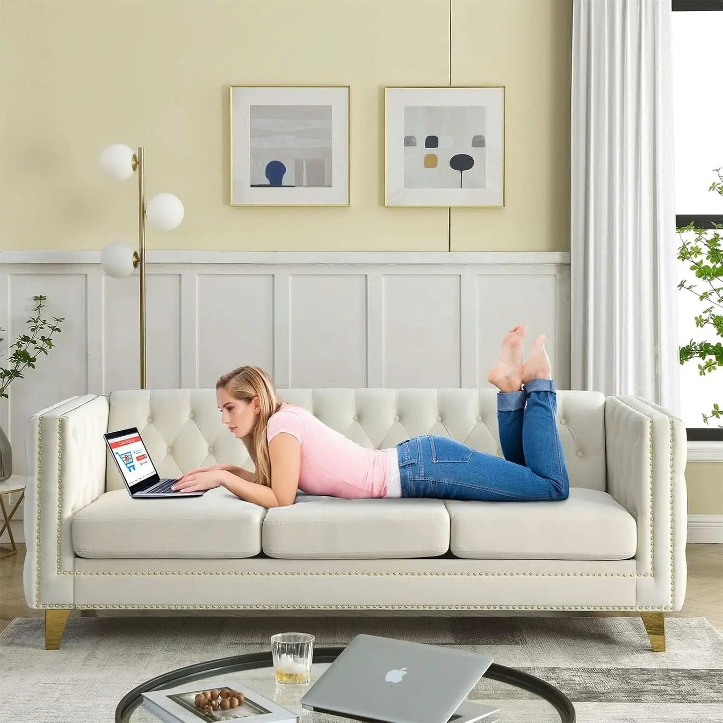Velvet Beige 80-Inch Sofa Set With 58-Inch Loveseat And Gold Nail Heads from PriceLows™