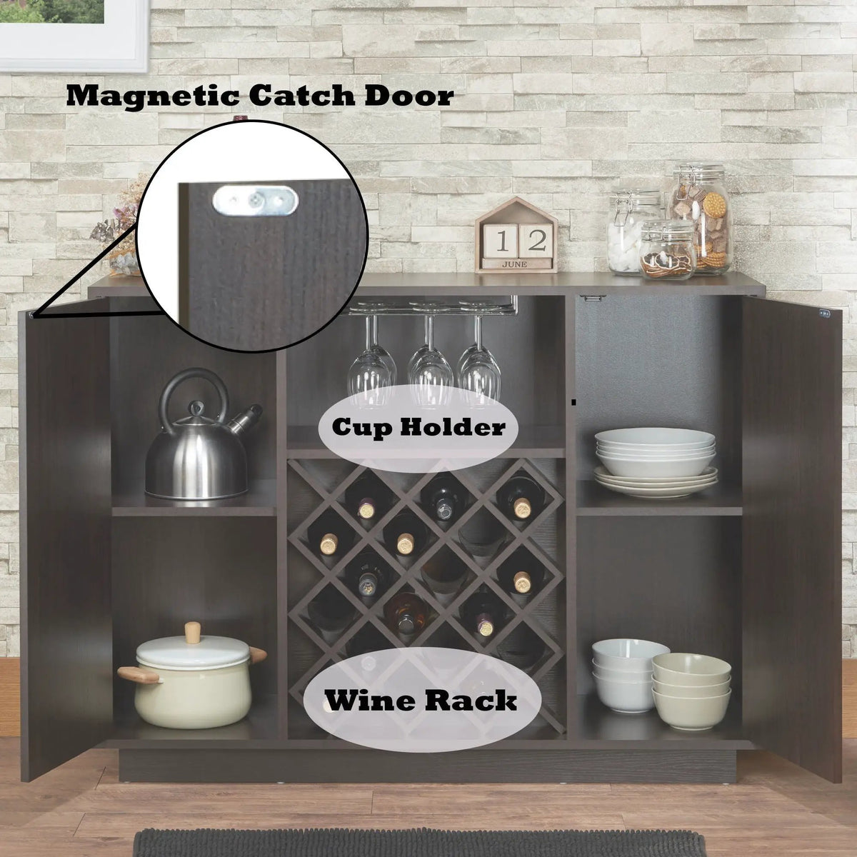Hazen Wine Cabinet | Espresso Finish | Holds 18 Bottles | Stemware Holder