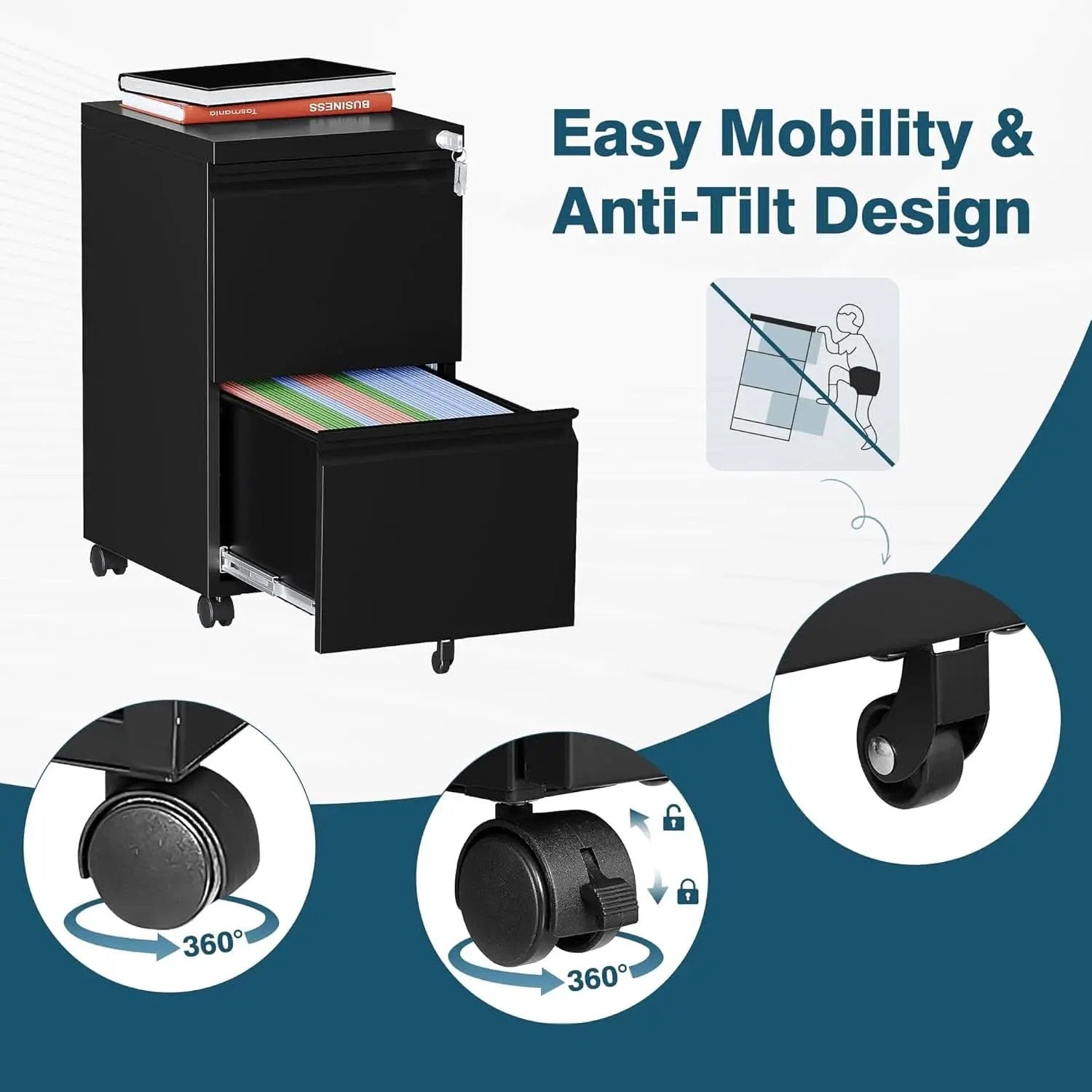2 Drawer Mobile File Cabinet On Wheels Black For Home Office Under Desk Filing Legal Letter A4 from PriceLows™