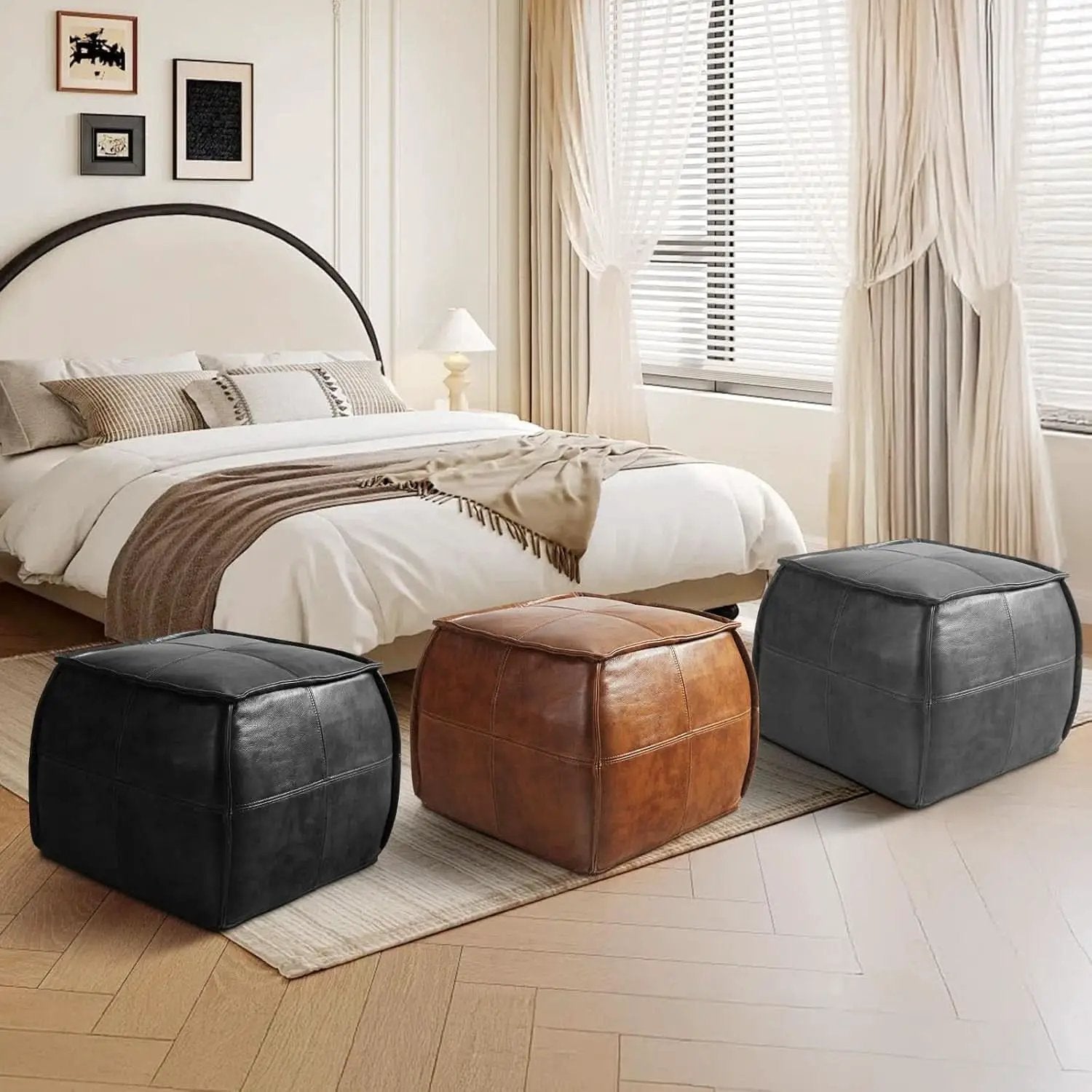 Genuine Full Grain Leather Ottoman Memory Foam Pouf Black from PriceLows™