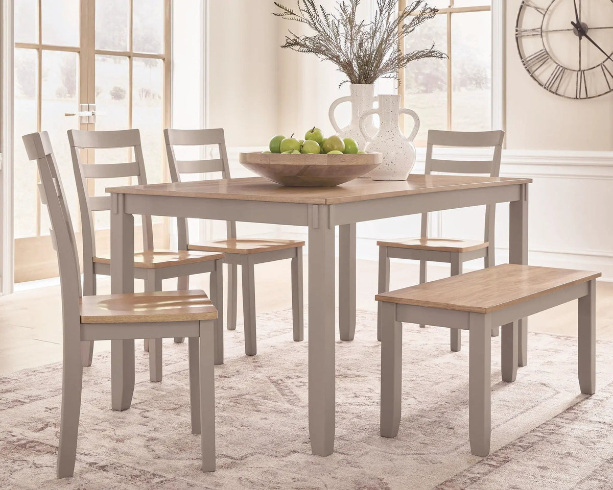 Dining Table Set | 6 Piece | Natural Gray Finish | With Bench And Chairs