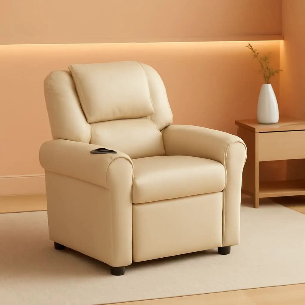 Beige Kids Recliner With Cup Holder For Cozy Seating from PriceLows™