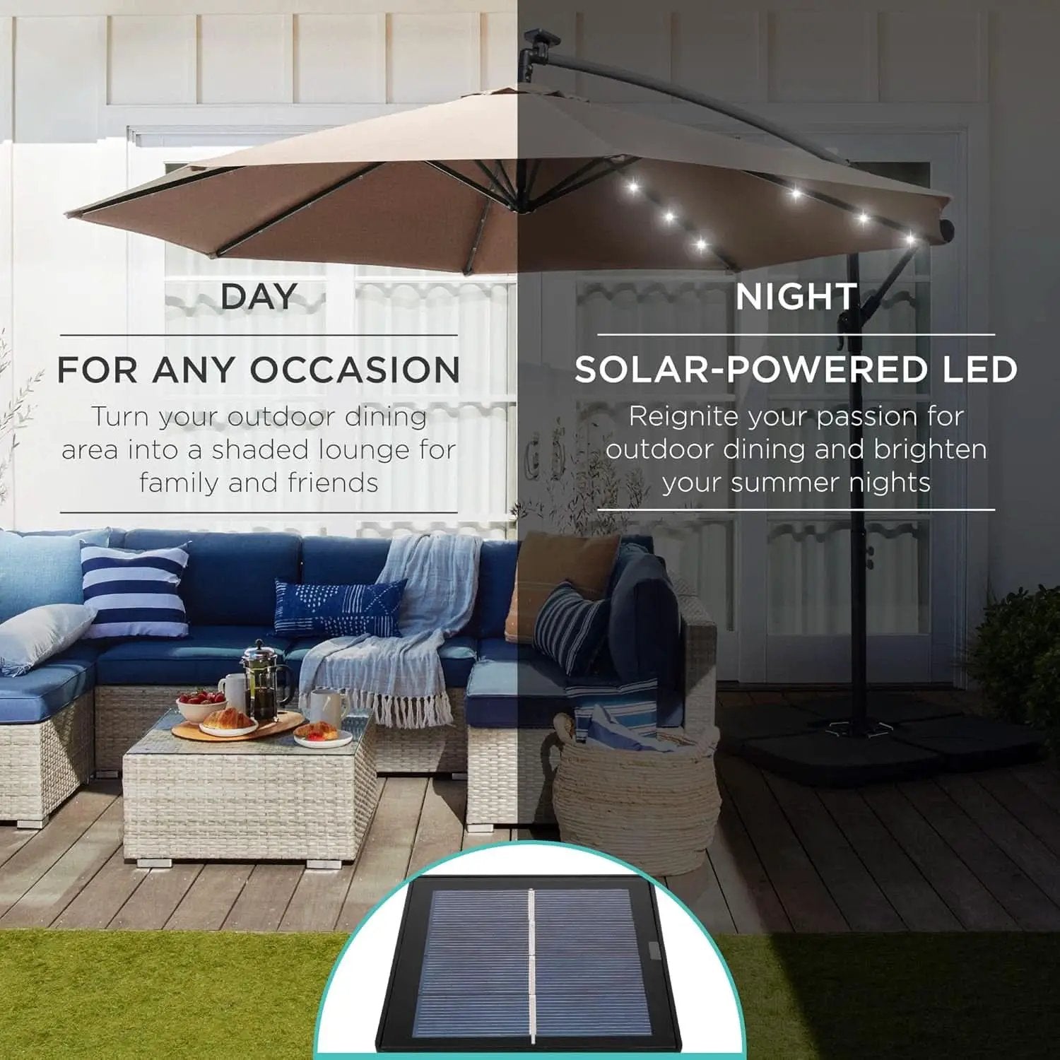10 Foot Solar LED Offset Patio Umbrella With Easy Tilt Adjustment In Tan For Backyard Use from PriceLows™