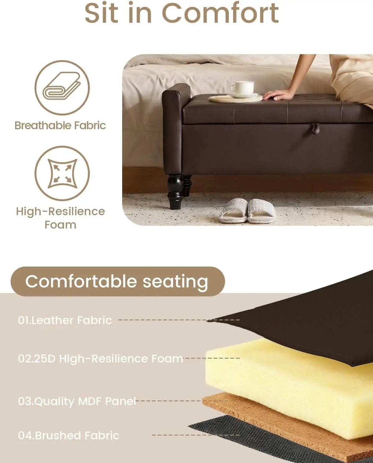 Brown Genuine Leather Storage Ottoman Bench Bedside from PriceLows™