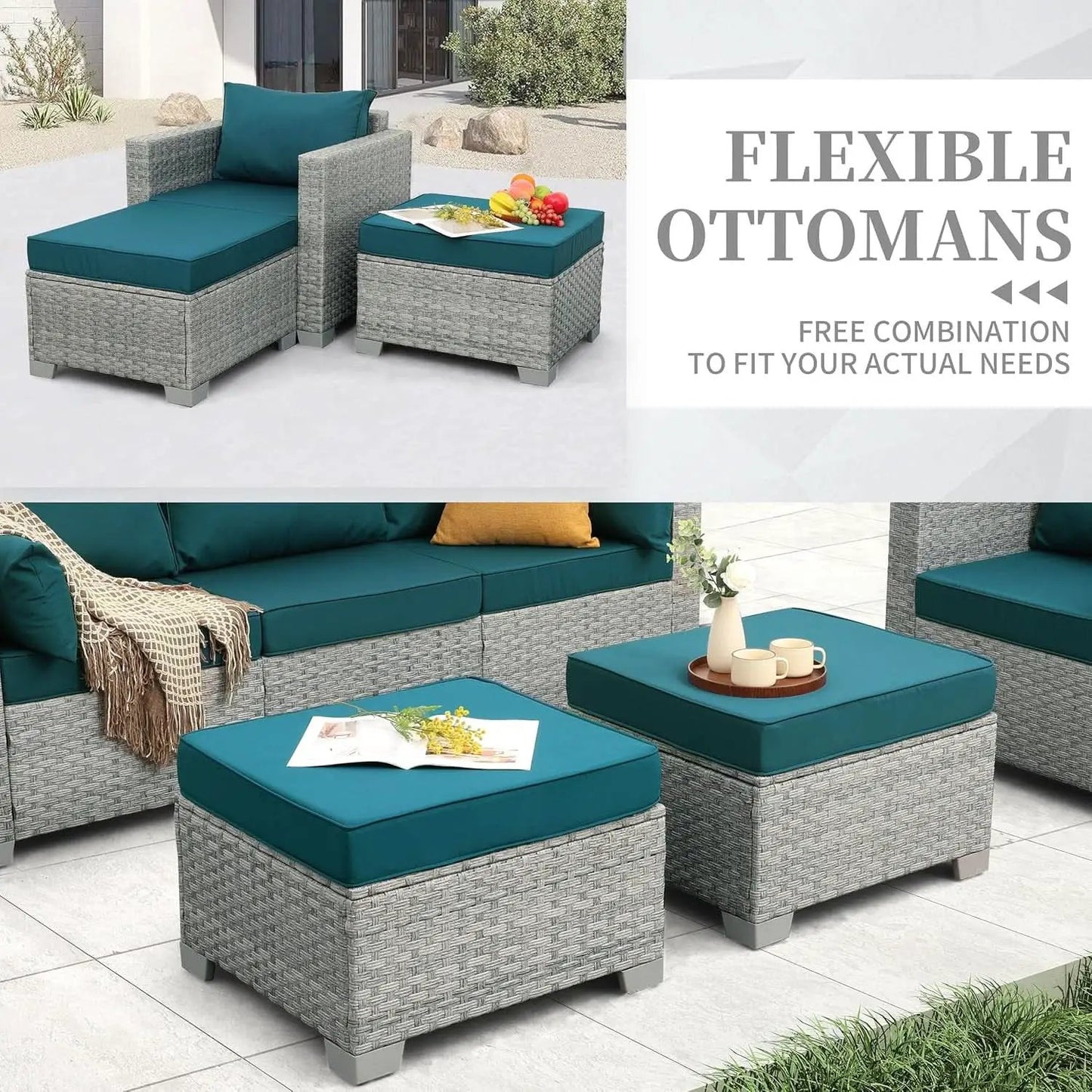 Patio Furniture Set 6 Piece Outdoor Grey Wicker With Peacock Blue Cushions from PriceLows™