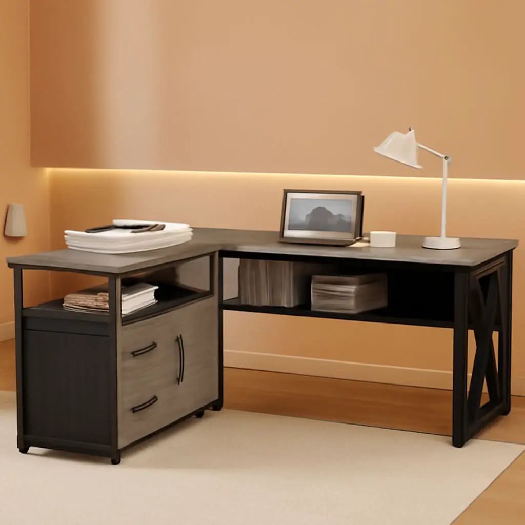 55 Inch L Shaped Office Desk With Grey Filing Cabinet Set from PriceLows™