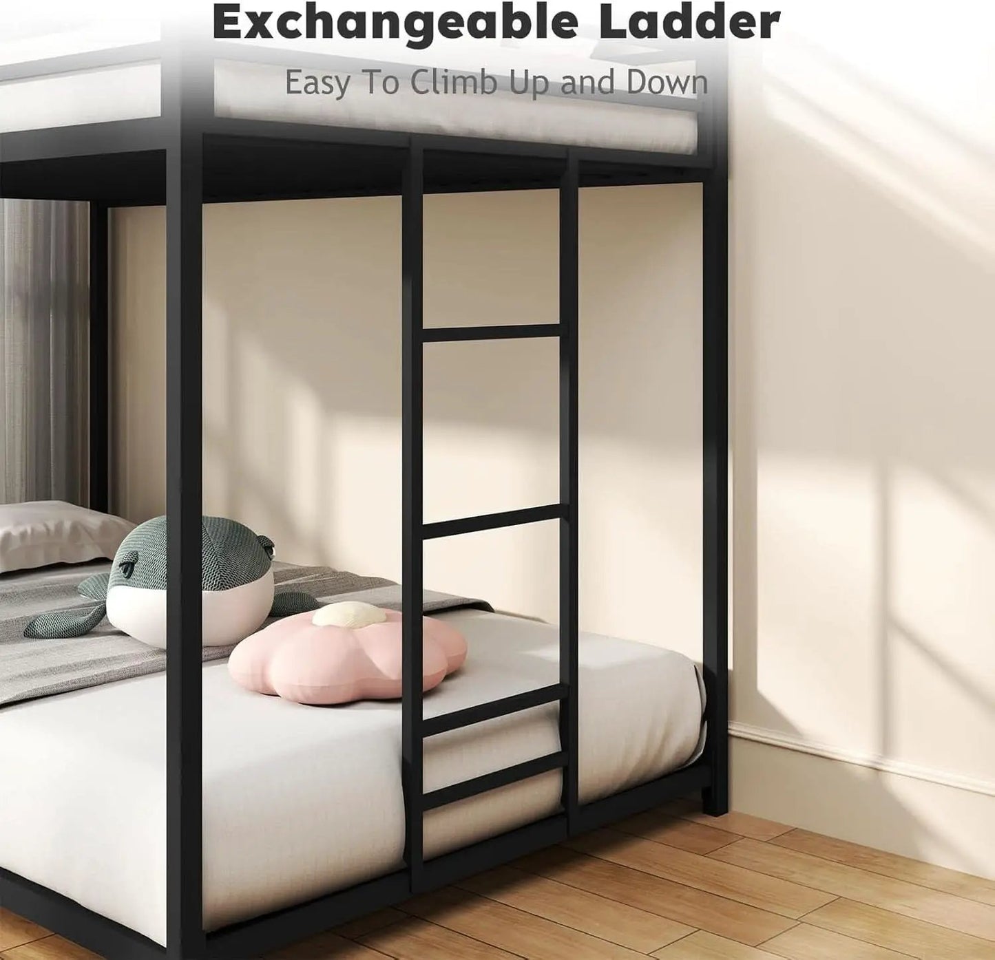 Twin Over Twin Metal Low Profile Bunk Bed With Guardrails And Ladder Black from PriceLows™
