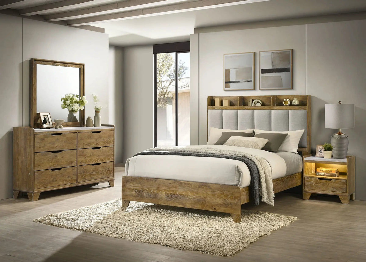 Henderson 4-piece Eastern King Bedroom Set Medium | 4-Piece Set | Rubberwood & Faux Marble | Oak
