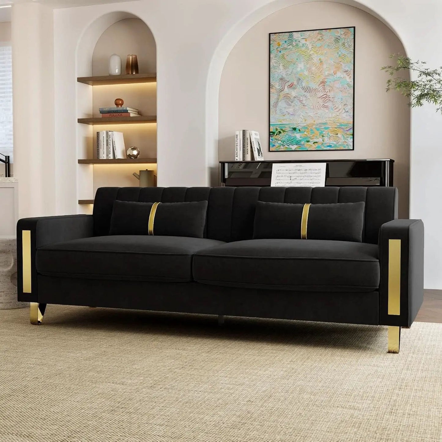 Two Piece Loveseat Sofa Set For Living Room 86 Inch Black Velvet Upholstery Quality Living Room Furniture from PriceLows™