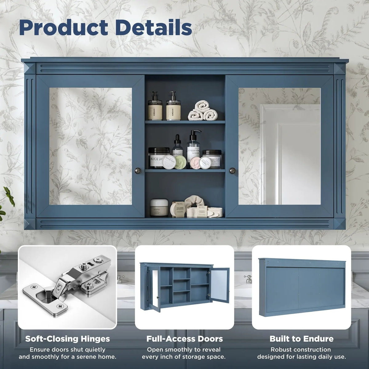 2-In-1 Wall Mirror Cabinet | 55 Inch Width | Soft-Closing Hinges | Dual High-Definition Mirrors