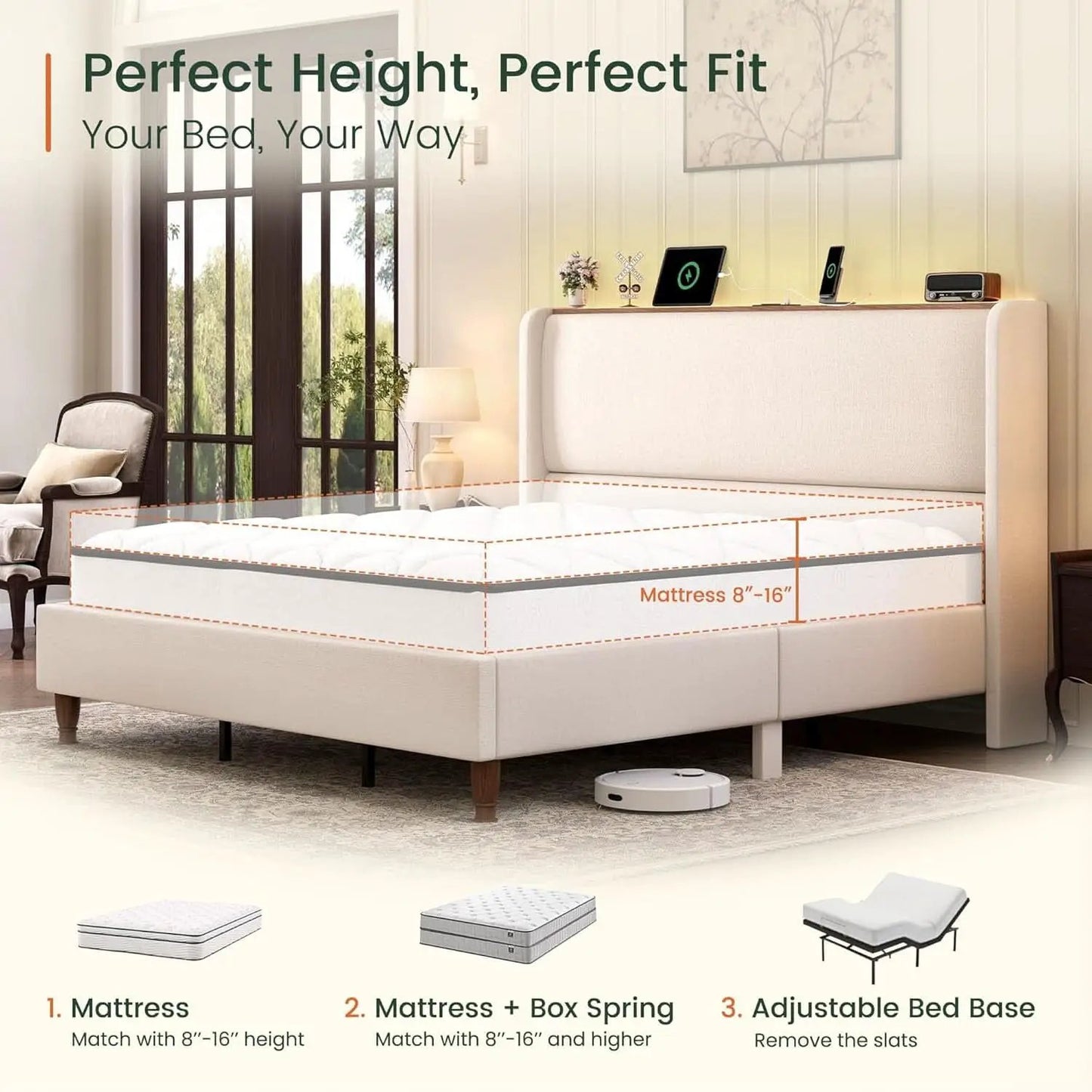 Queen Size Upholstered Bed Frame With LED Lights And USB from PriceLows™