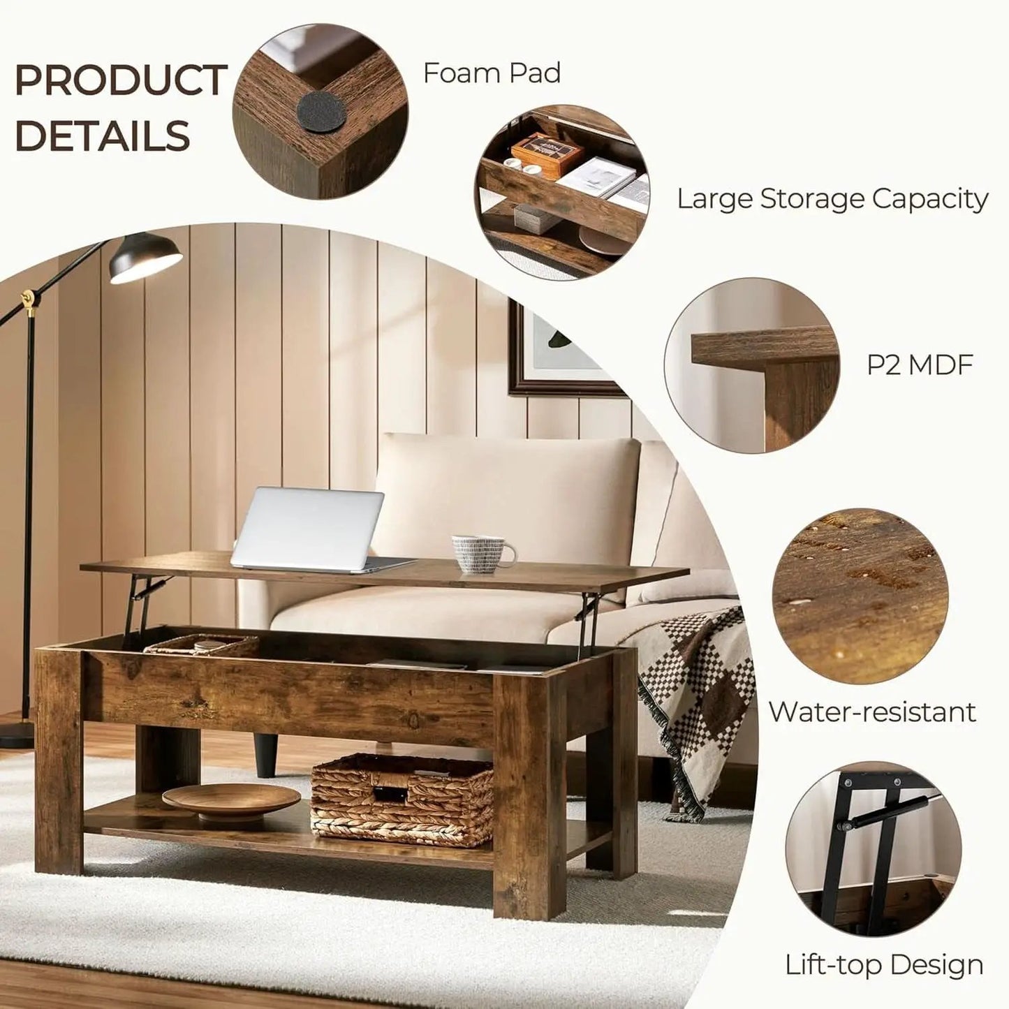 Coffee Table 47.5 Inch Lift Top With Hidden Compartment Rustic Brown from PriceLows™
